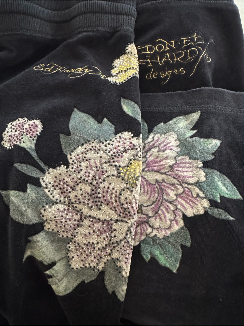 Ed Hardy Velour Sweatpants Black/ dazzling Floral Roses Flare Leg Y2K XL